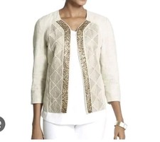 Chicos Artisan Linen Embroidered Beaded Open Front Jacket Beige 3/4 Sleeve 3/ XL