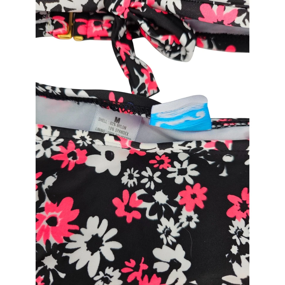 California Waves Womens Sz M Bikini Swimsuit Set Black w/ Pink and White Flowers - Image 3 of 4