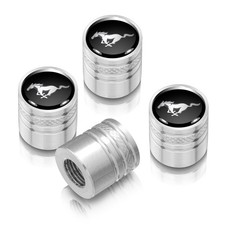 Ford Mustang Black On Silver Aluminum Cylinder-style Tire Valve Stem Caps