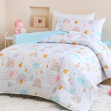Size Sky Blue Comforter Set for Kids, Boys Girls, 4 Pieces Bed Toddler Rainbow