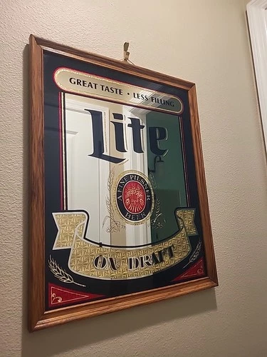 Vtg Miller Lite Beer On Draft Mirror Frame Fine Pilsner Bar Pub Sign 17”x22" 70s