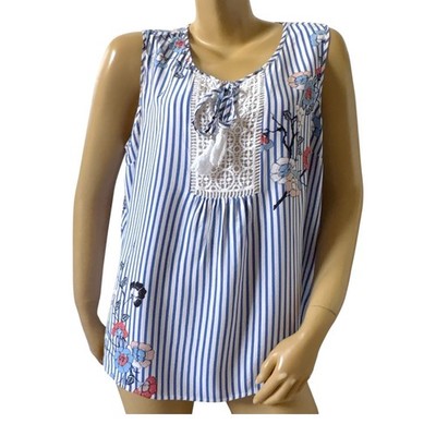 DR2 Daniel Rainn XL Blue White Striped Floral Boho Keyhole Tassel Tie Blouse