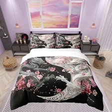 Chinese Style Dragon Bedding Set Yin-yang Geometric Duvet Cover Pink Flowers ...