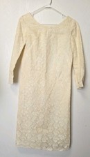 Cream Mid Length Sleeve Midi Dress Lace Overlay Scoop Neck Handmade Vtg READ