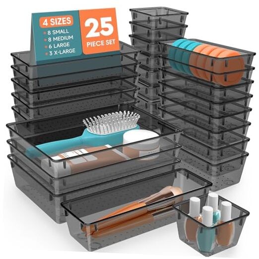 25-Piece Plastic Drawer Organizer Set in 4 Sizes, Clear & Black Storage Bins