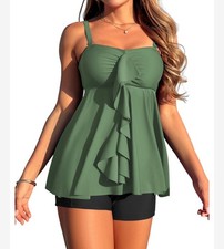 Zaful Army Green Ruffle Tankini Top Black Board Shorts Adjustable Strap US 6