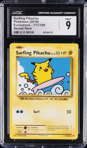 2016 POKEMON EVOLUTIONS - SECRET RARE #111/108 SURFING PIKACHU CGC 9