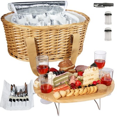 Hap Tim Picknickkorb-Set aus Weide für 4 Personen mit Kühltasche & Weintisch Geschenk