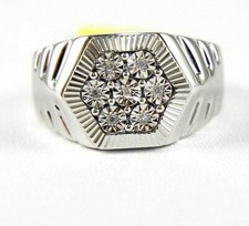 Natural Round Diamond Cluster Hexagon Men's Ring Band 14k White Gold .07Ct