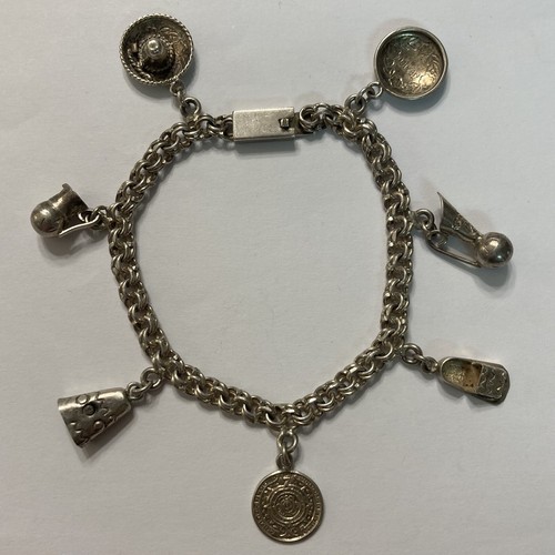 VINTAGE STERLING SILVER MEXICO MEXICAN THEMED CHARM BRACELET 7 1/2” 19G SOMBRE