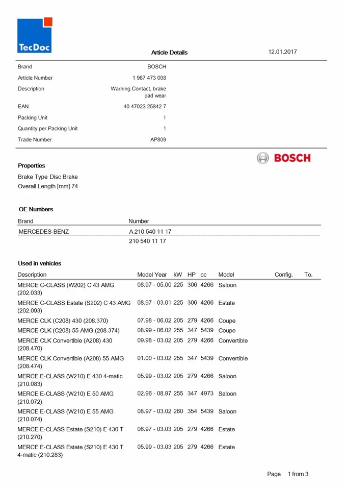 Brake pad wear warning contact BOSCH # 1987473008 fits MB 202 208 210 170 - Image 3 of 4