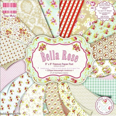 BELLA ROSE Dovecraft 8 x 8 Musterpapier Packung 16 Blatt 200 g/m² Floral Blumen