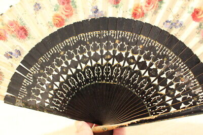Buy Antique Chinese Fan Black Wood Golden And Hand Painted Flower Cloth