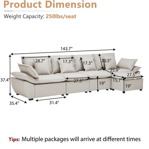 143"L Shaped Sectional Couch 4 Seater Sofa with Flexible Ottoman for Living Room - Picture 6 of 15