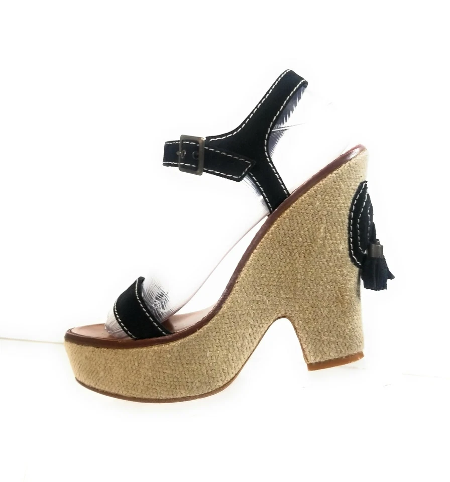 Sandalias de tacón Marc Jacobs de cuero negro con cuñas de lino para mujer talla 39,5 Foto 4 de 4