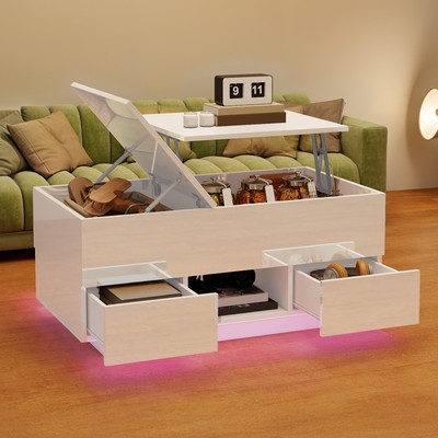 LED Lift Top High Gloss Coffee Table With Charging Station and 2 Storage Drawers