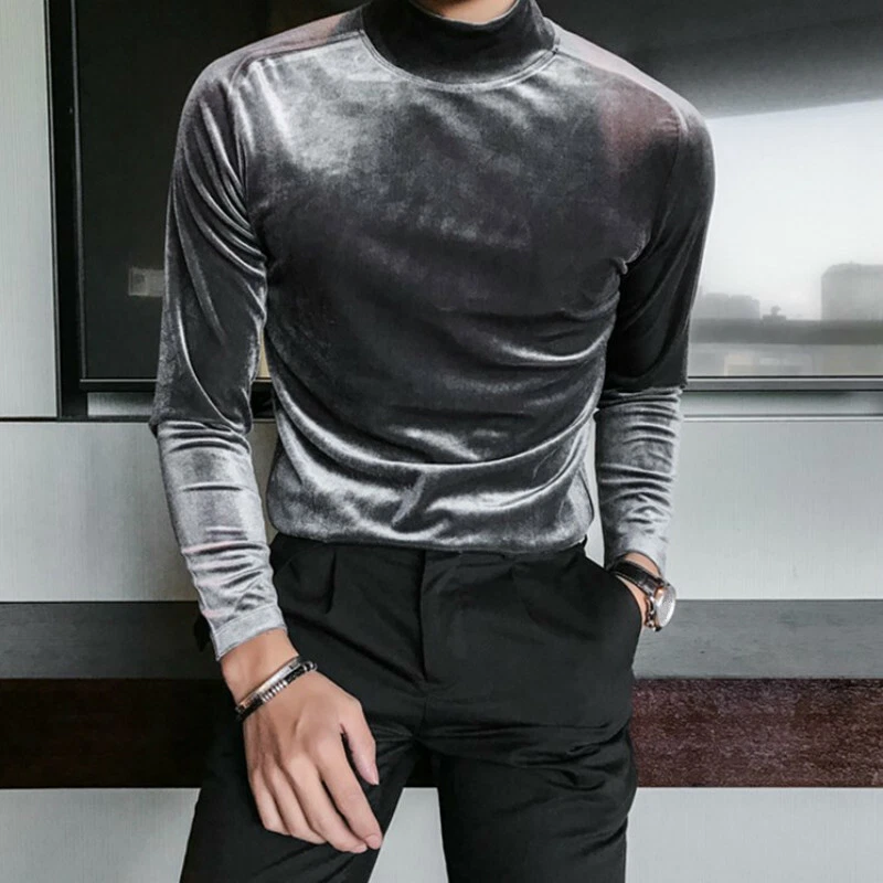 Men Velvet Shirt Top Blosue T shirts Turtle Neck Pullover Casual Retro Shiny New