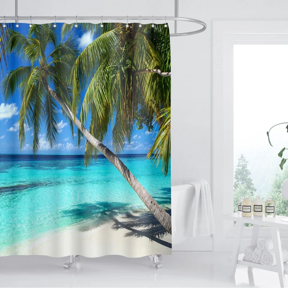 ZXMBF Ocean Shower Curtain Palm Trees Beach Summer Seaside Tropical Island Coast - Image 2 of 4