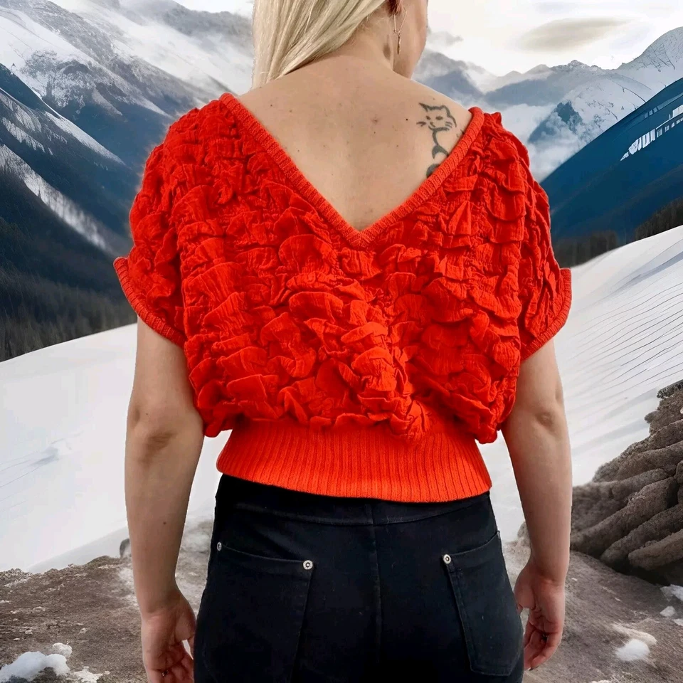 Suéter Top Naranja Rojo Años 80 Ropa de Noche Alta Costura Disco Club Alta Moda M/L Foto 4 de 4