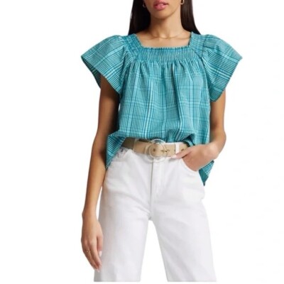 Rails Womens Top Size Small Plaid Square Neck Flutter Sleeve Blue Green Sonora