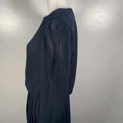 Vestido Vaina Vintage V.L.P Negro Cuello Redondo Plisado Gasa Manga Larga Midi PS - Imagen 9 de 16