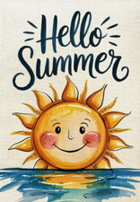 Hello Summer Smiling Sun and Water Burlap Garden Flag 12" x 18"
