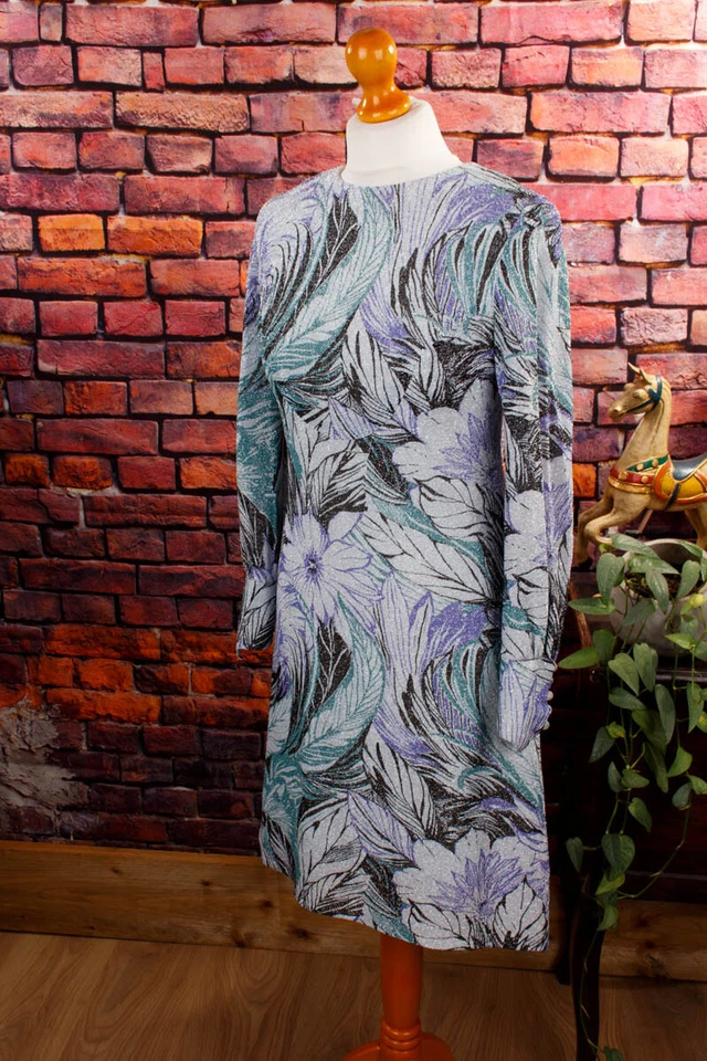 Abito Vintage Originale Anni 70 Argento Glitter Fiori Disco Moda Da Sera 40 - Immagine 4 di 4
