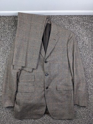 Dunhill Suit Flannel Wool Cashmere Glen Plaid Brown Italy Made 38R 30W