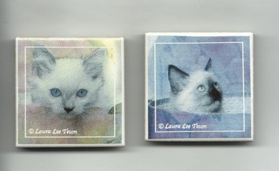 2 Vintage Laura Lee Teson Cat Magnets for fridge Square Tile 1 3/4'' x 1 3/4''