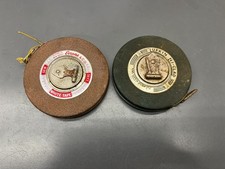 (u) VINTAGE LUFKIN & EVANS 50ft WIND UP TAPE MEASURE SET - MADE IN USA
