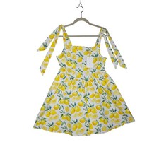 NWT SzL Lovelo Lemon Print MiniDress YellowWhite Tie Shoulder Smocked Back Sexy