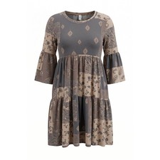 Hayzel Mixed Patchwork Paisley Floral Tiered Babydoll Mini Dress Brown Small