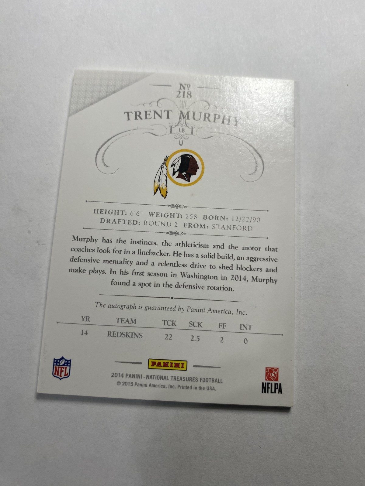 2014 Panini National Treasures Signatures /99 Trent Murphy #218 Rookie Auto RC view 2