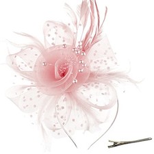 Fascinators Hat Flower Mesh Ribbons Feathers on a 7" Diameter / Blush Pink