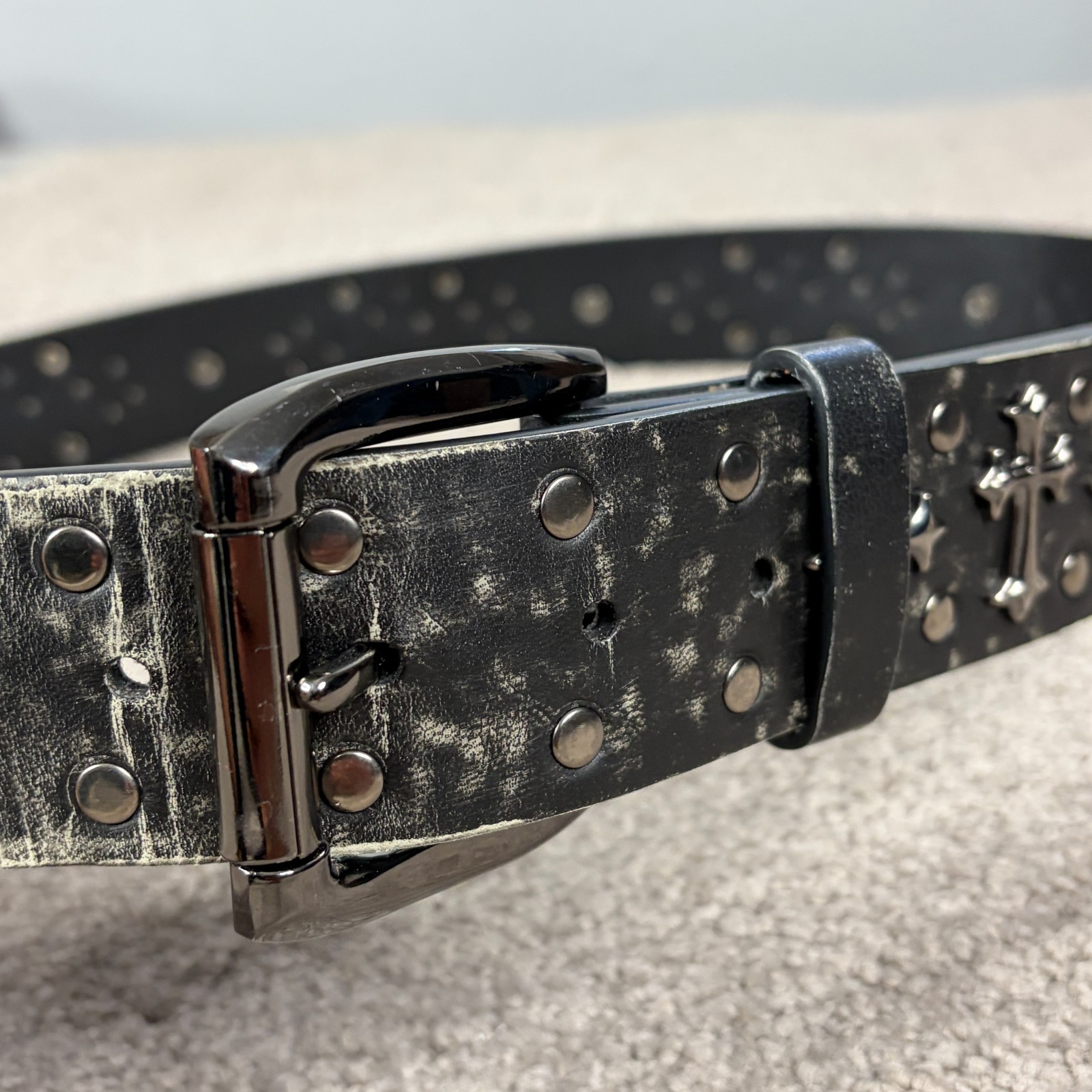 Chrome Hearts Style Leather Belt Crosses Black Silver Buckle Gothic Size 42 thumbnail 4