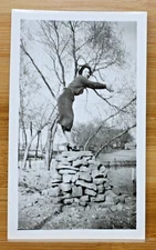 Vintage Photo Pretty Woman Standing on Rock Pile Pretend Dive in to Lake Funny