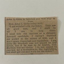 John L Gibbs Is Satisfied & Will Stay in Line 1886 Minneapolis Clipping SAI8-S14