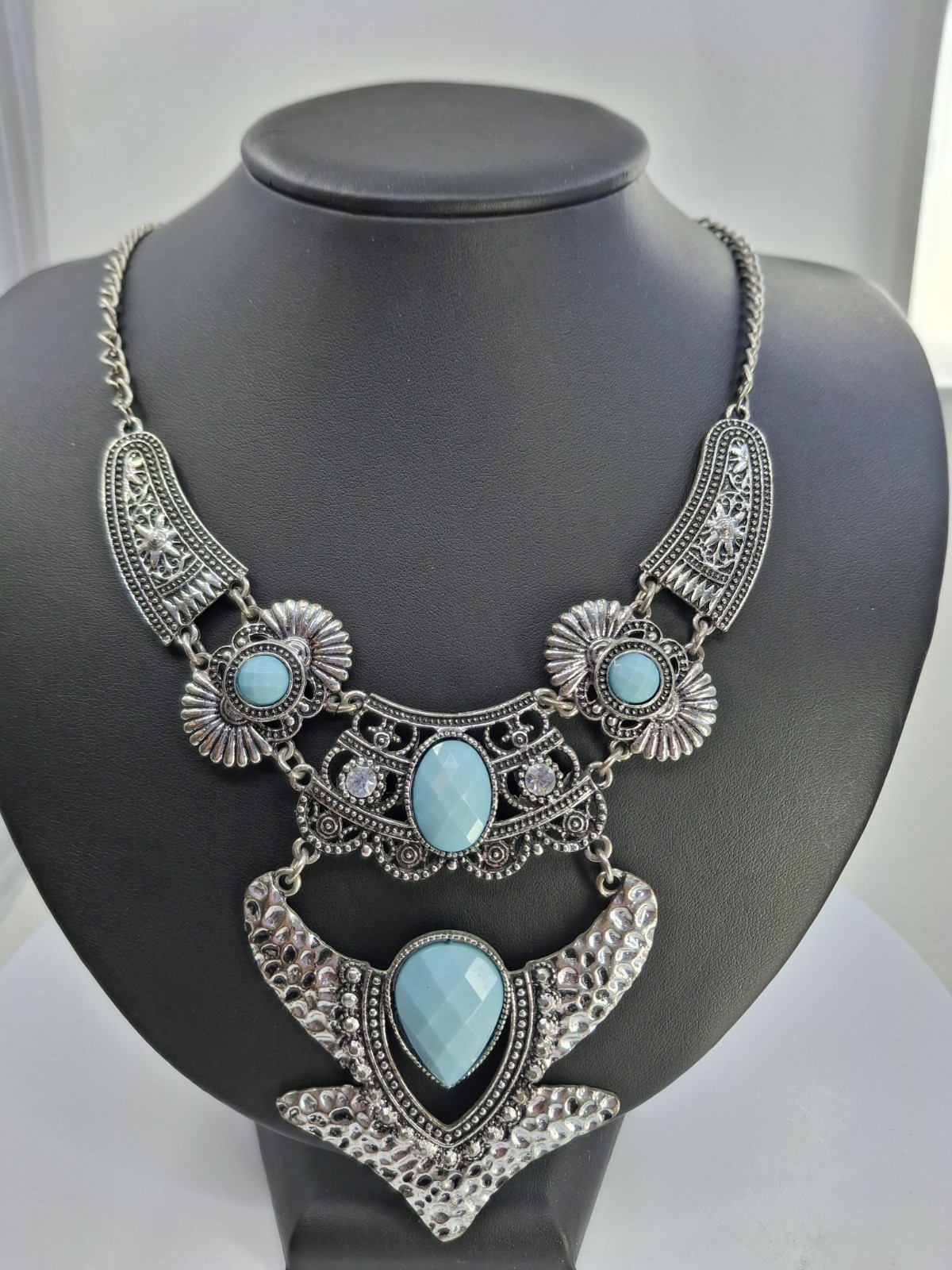 Large Light Blue Rhinestone Adjustable Hammered M… - image 3