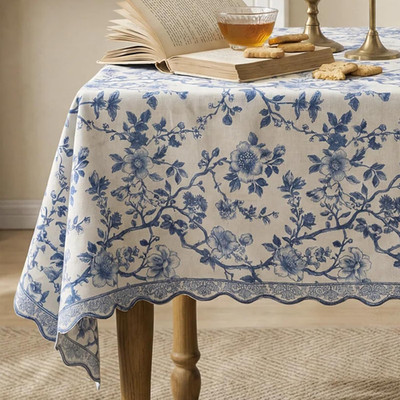 Chinoiserie Tablecloth Blue and White Floral Table Cloth Vintage Chinoiserie Kit