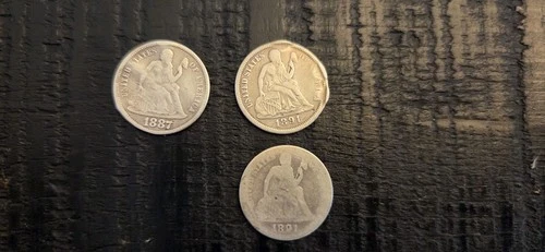 1887 - S 1891 (2), Seated Liberty Dimes, 10c, US Coins, Circulated, Lot of 3