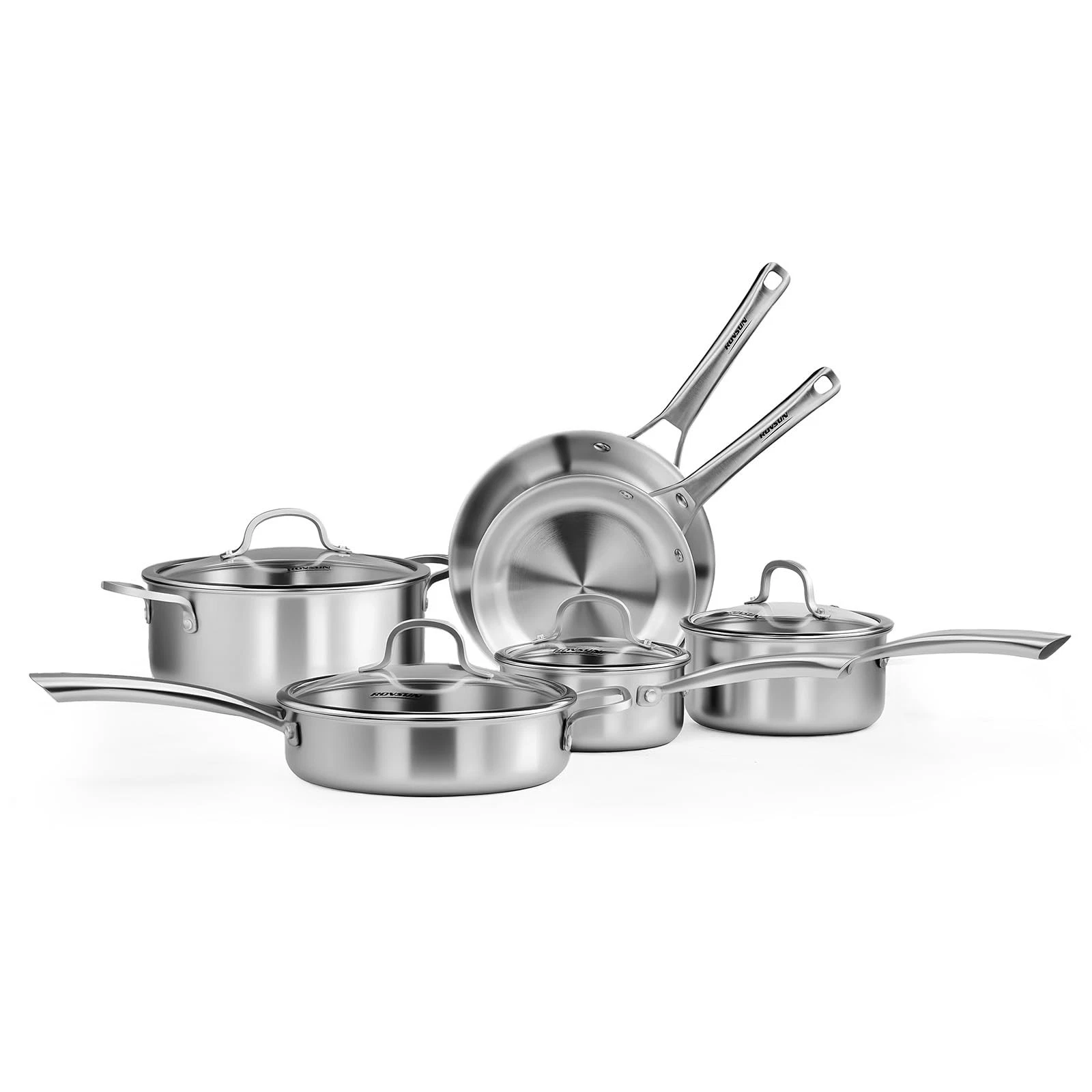 10-Pcs Stainless Steel Tri-Ply Cookware Set, Full Clad Frying Pans, Saucepans