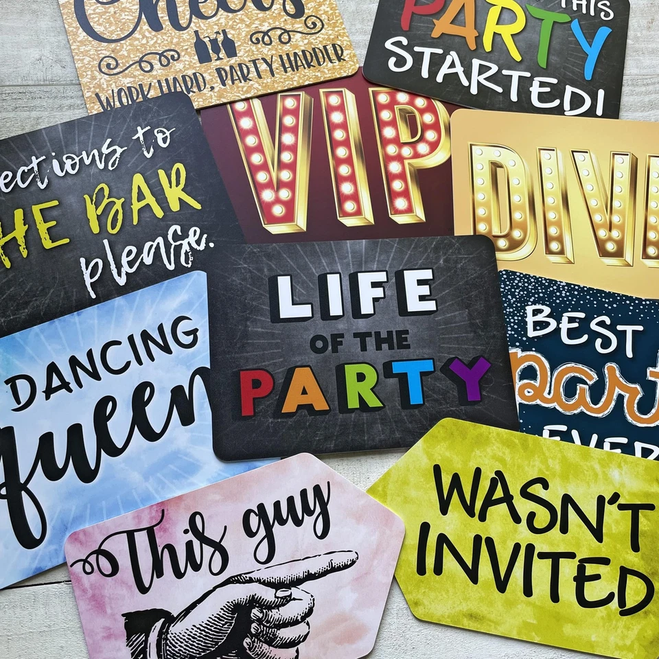 Letreros de utilería de cabina de fotos de plástico - Juego de 10 frases - Mezcla para fiestas Foto 2 de 4