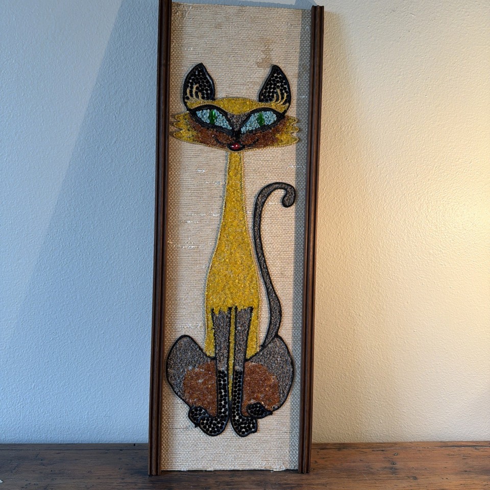 Rare Mid Century Siamese Cat Gravel/Pebble Art - 24" X 9"