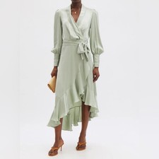 Zimmermann size 2 us 8 Tie-Waist 100% Silk Crepe Wrap Midi Dress pistachio green