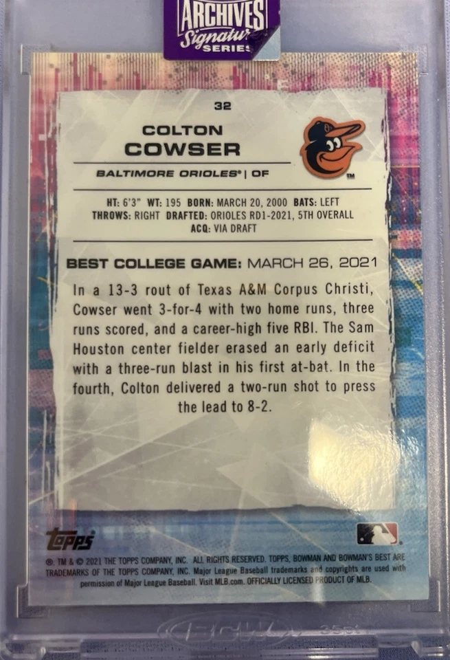 2021 Bowman's Best Colton Cowser 2025 Archives Signature Series #32 Orioles 8/10 - Imagem 2 de 2