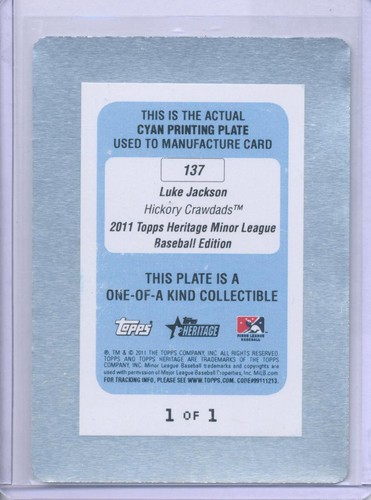 2011 Topps Heritage Minors Luke Jackson 1/1 Cyan Printing Plate Hickory Crawdads - Picture 2 of 2
