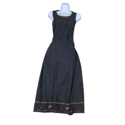 Vintage 90er ''Erica & Co'' schwarz Denim bestickt Maxi Sommerkleid 12 14