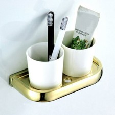 Polished Gold Toothbrush Holder Double Ceramic Cups Holder Wall Mounted QD1745