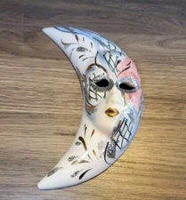 Crescent Moon Wall Art Celestial Face Mask Art Deco Ceramic Hand Paint 