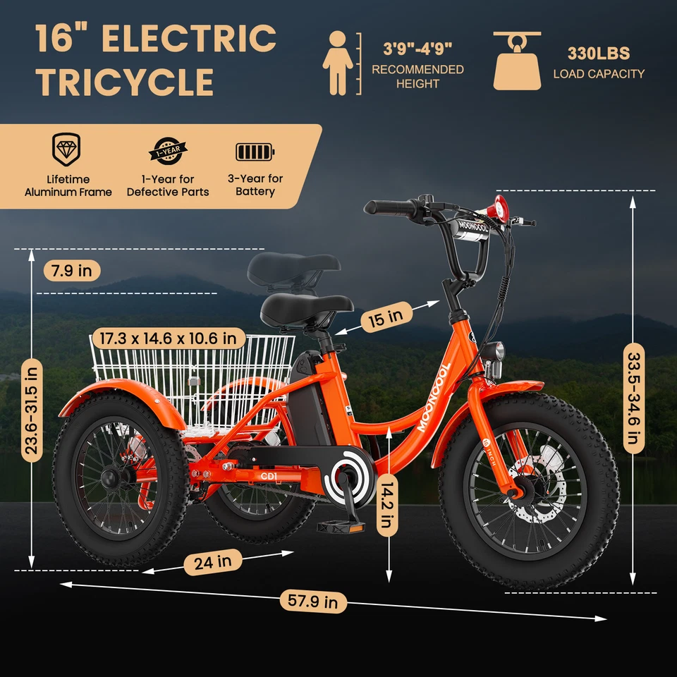 Triciclo Eléctrico MOONCOOL 16" para Niños 250W 24V 10.4Ah Cesta Triciclo Eléctrico Foto 2 de 4
